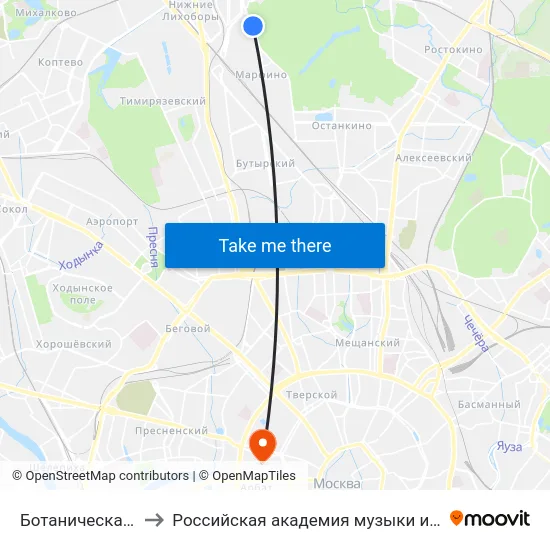 Ботаническая ул., 33 to Российская академия музыки имени Гнесиных map