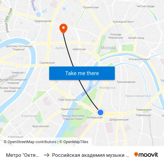 Метро "Октябрьская" to Российская академия музыки имени Гнесиных map