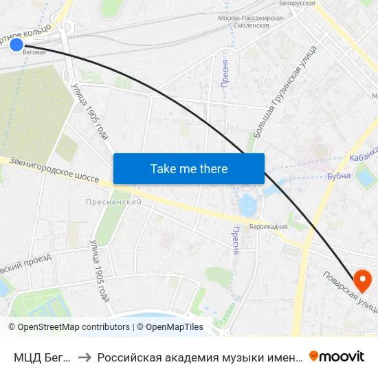 МЦД Беговая to Российская академия музыки имени Гнесиных map