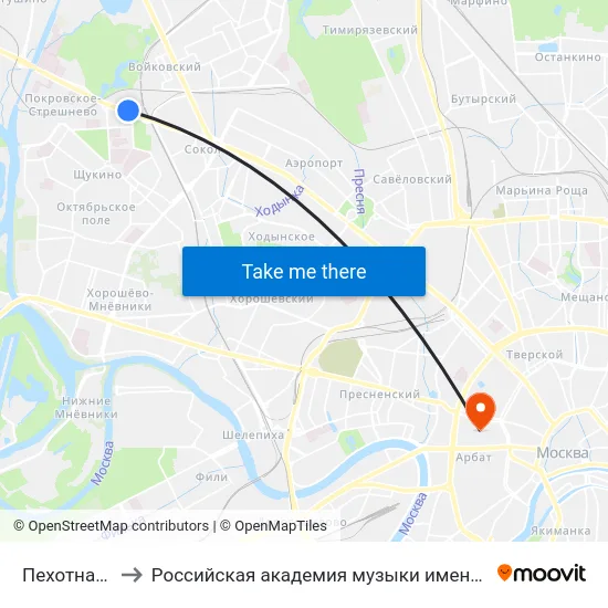 Пехотная ул. to Российская академия музыки имени Гнесиных map