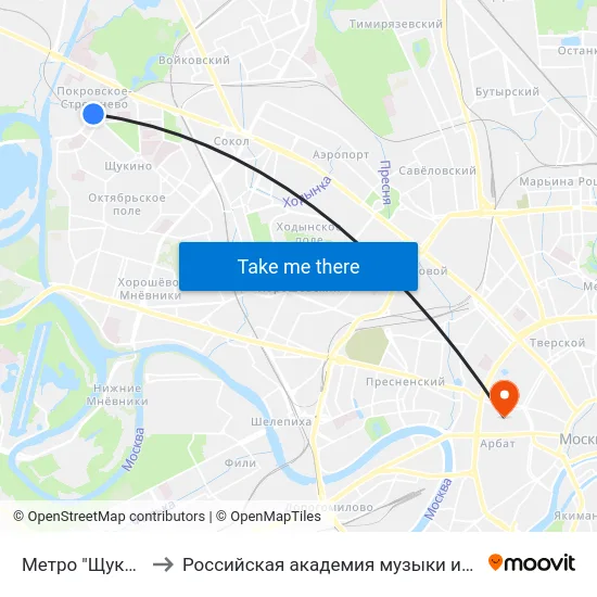 Метро "Щукинская" to Российская академия музыки имени Гнесиных map