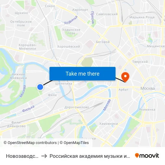 Новозаводская ул. to Российская академия музыки имени Гнесиных map