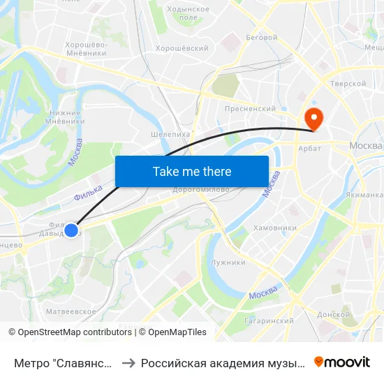 Метро "Славянский бульвар" to Российская академия музыки имени Гнесиных map
