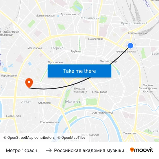 Метро "Красные ворота" to Российская академия музыки имени Гнесиных map