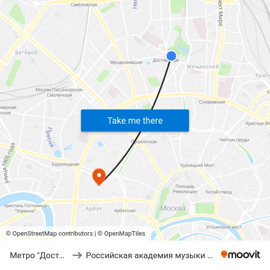 Метро "Достоевская" to Российская академия музыки имени Гнесиных map