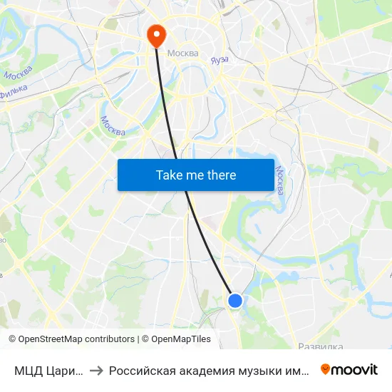 МЦД Царицыно to Российская академия музыки имени Гнесиных map