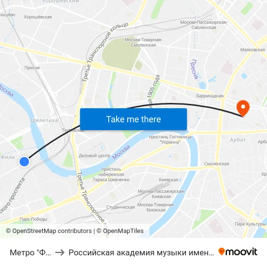 Метро "Фили" to Российская академия музыки имени Гнесиных map