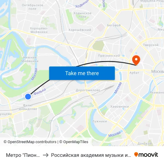 Метро "Пионерская" to Российская академия музыки имени Гнесиных map