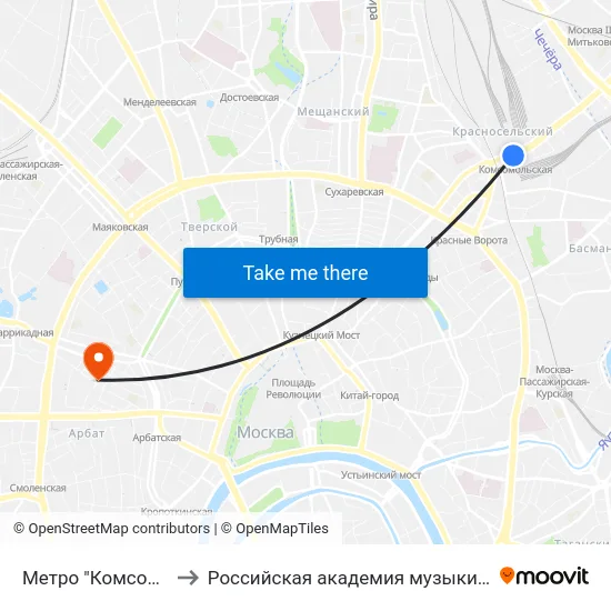 Метро "Комсомольская" to Российская академия музыки имени Гнесиных map