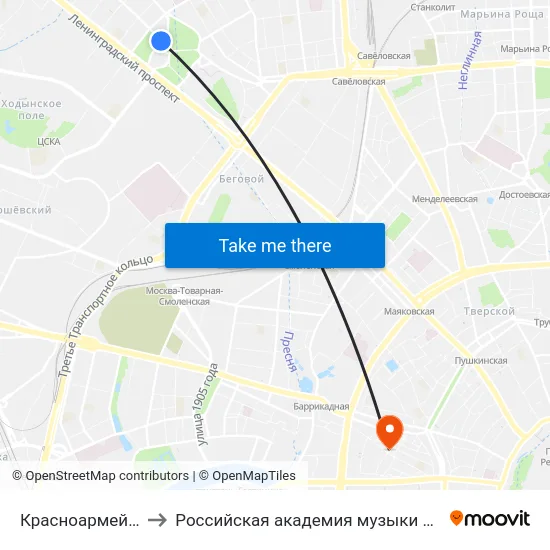 Красноармейская ул. to Российская академия музыки имени Гнесиных map