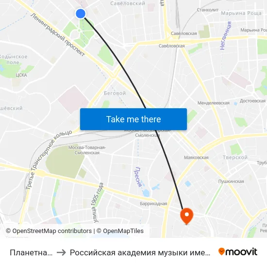 Планетная ул. to Российская академия музыки имени Гнесиных map