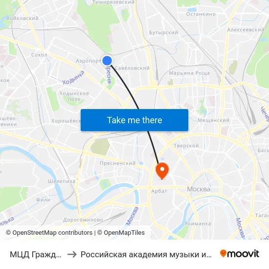 МЦД Гражданская to Российская академия музыки имени Гнесиных map