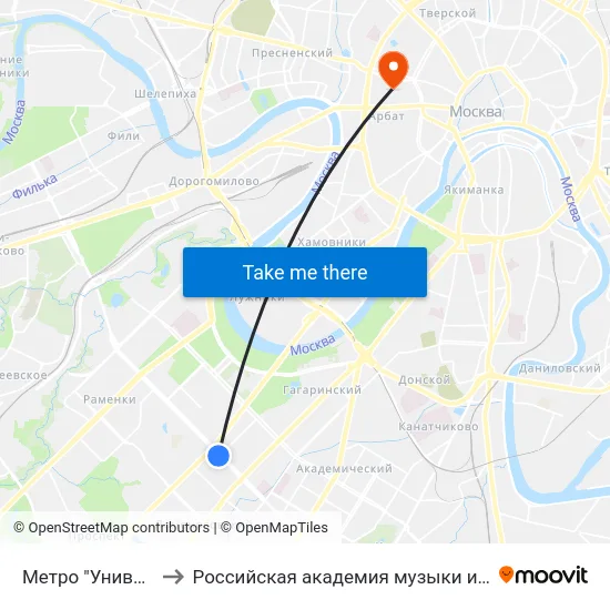 Метро "Университет" to Российская академия музыки имени Гнесиных map