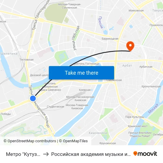 Метро "Кутузовская" to Российская академия музыки имени Гнесиных map