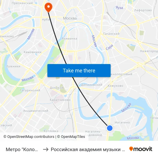 Метро "Коломенская" to Российская академия музыки имени Гнесиных map