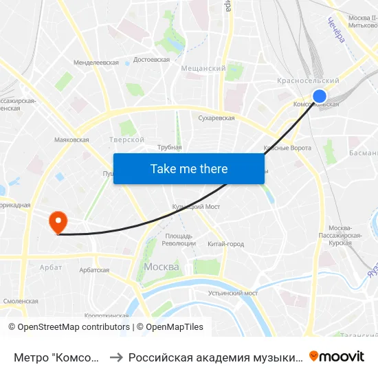 Метро "Комсомольская" to Российская академия музыки имени Гнесиных map