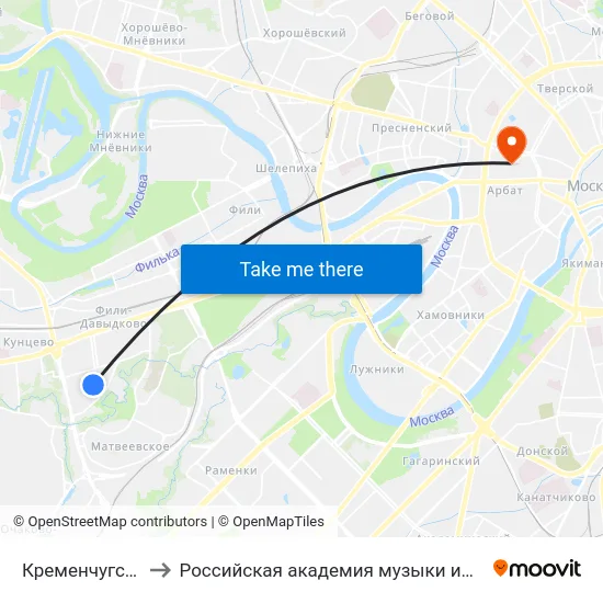 Кременчугская ул. to Российская академия музыки имени Гнесиных map