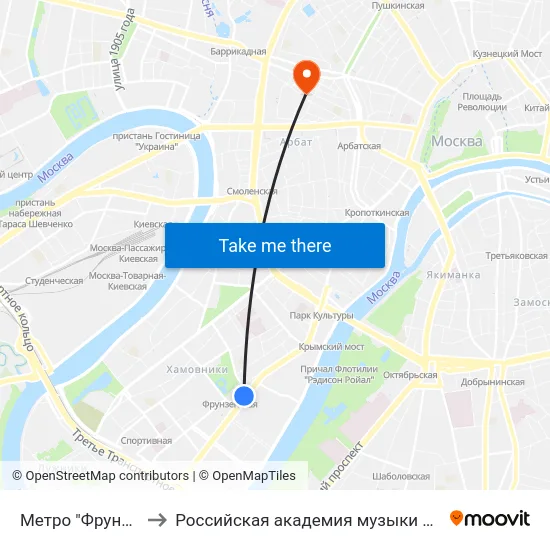 Метро "Фрунзенская" to Российская академия музыки имени Гнесиных map