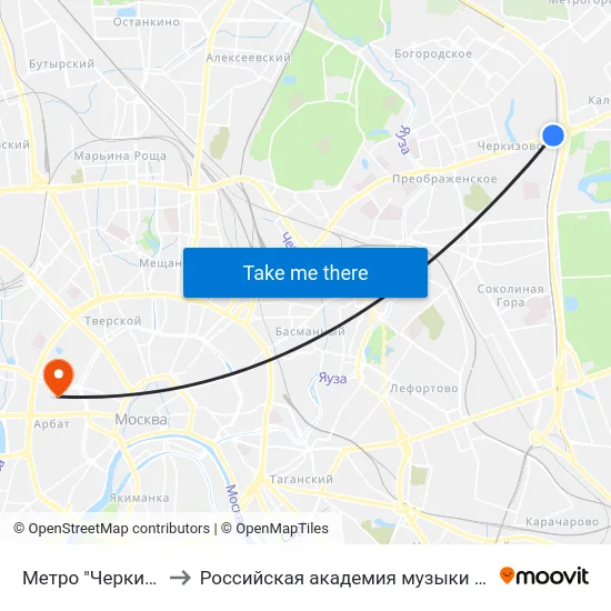 Метро "Черкизовская" to Российская академия музыки имени Гнесиных map