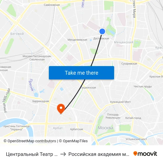 Центральный Театр Российской Армии to Российская академия музыки имени Гнесиных map