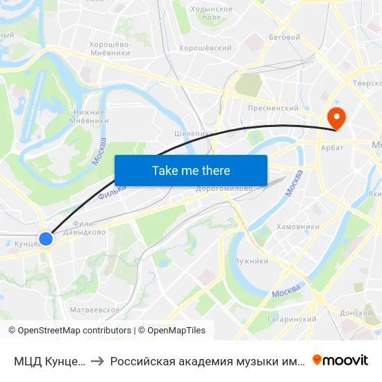 МЦД Кунцевская to Российская академия музыки имени Гнесиных map