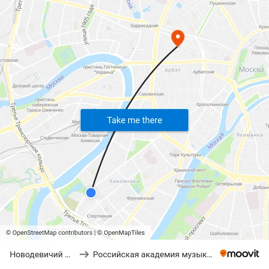 Новодевичий монастырь to Российская академия музыки имени Гнесиных map