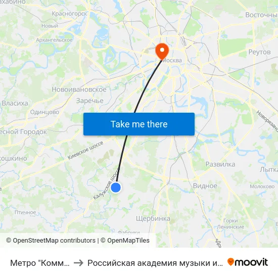 Метро "Коммунарка" to Российская академия музыки имени Гнесиных map