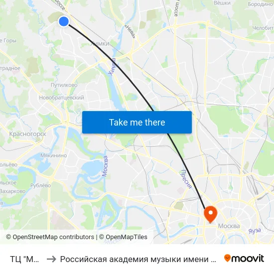 ТЦ "Мега" to Российская академия музыки имени Гнесиных map