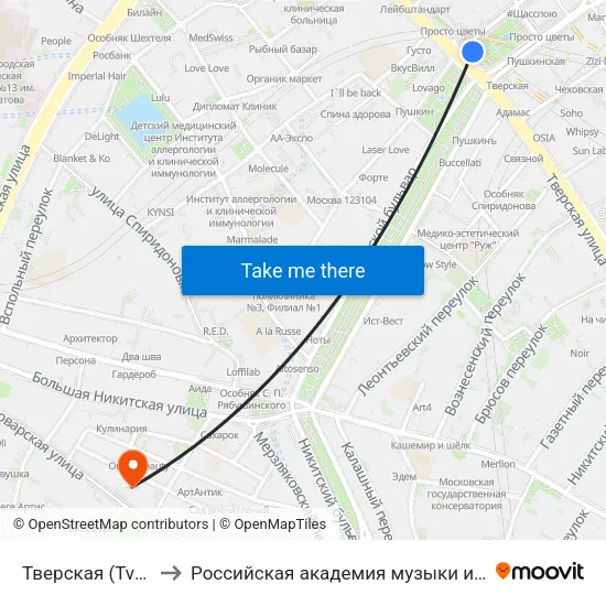 Тверская (Tverskaya) to Российская академия музыки имени Гнесиных map