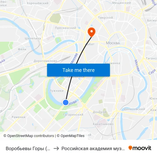 Воробьевы Горы (Vorobyevy Gory) to Российская академия музыки имени Гнесиных map
