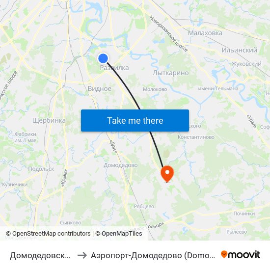 Домодедовская (Domodedovskaya) to Аэропорт-Домодедово (Domodedovo Airport, Aeropuerto Domodedovo) map