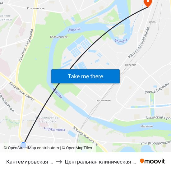 Кантемировская (Kantemirovskaya) to Центральная клиническая больница №6 ОАО ""РЖД"" map