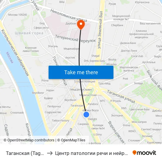 Таганская (Taganskaya) to Центр патологии речи и нейрореабилитации map