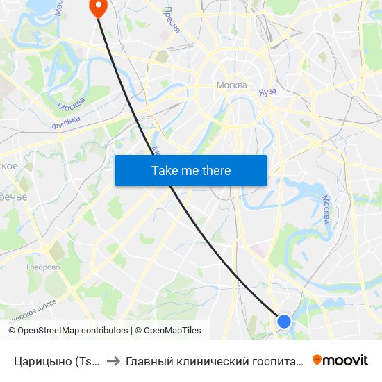 Царицыно (Tsaritsyno) to Главный клинический госпиталь МВД России map