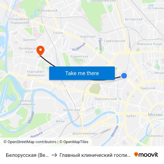 Белорусская (Belorusskaya) to Главный клинический госпиталь МВД России map