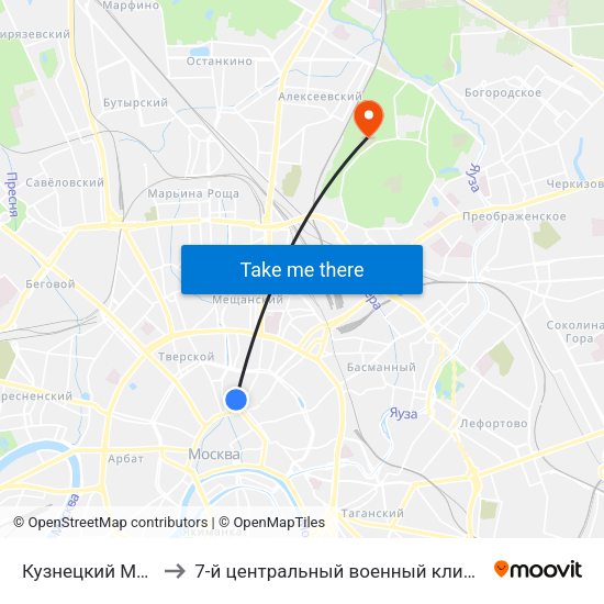 Кузнецкий Мост (Kuznetsky Most) to 7-й центральный военный клинический авиационный госпиталь МО РФ map