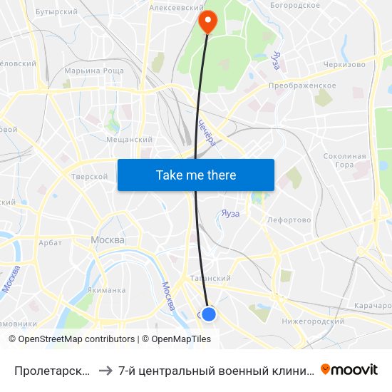 Пролетарская (Proletarskaya) to 7-й центральный военный клинический авиационный госпиталь МО РФ map