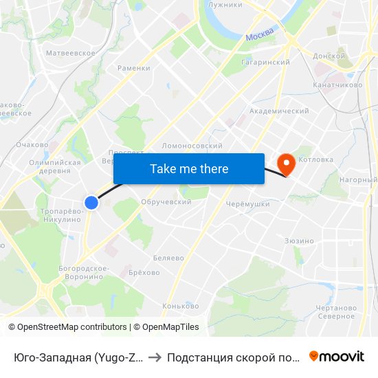 Юго-Западная (Yugo-Zapadnaya) to Подстанция скорой помощи №13 map
