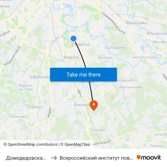 Домодедовская (Domodedovskaya) to Всероссийский институт повышения квалификации МВД РФ map