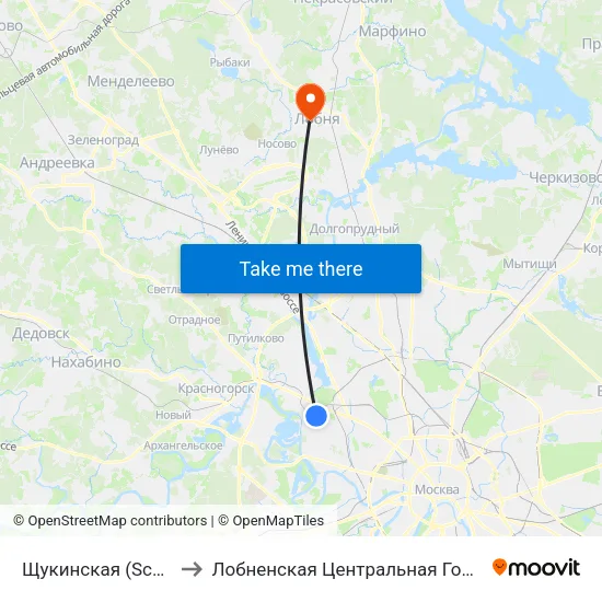 Щукинская (Schukinskaya) to Лобненская Центральная Городская Больница map
