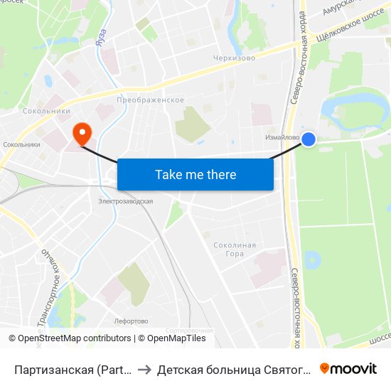 Партизанская (Partizanskaya) to Детская больница Святого Владимира map