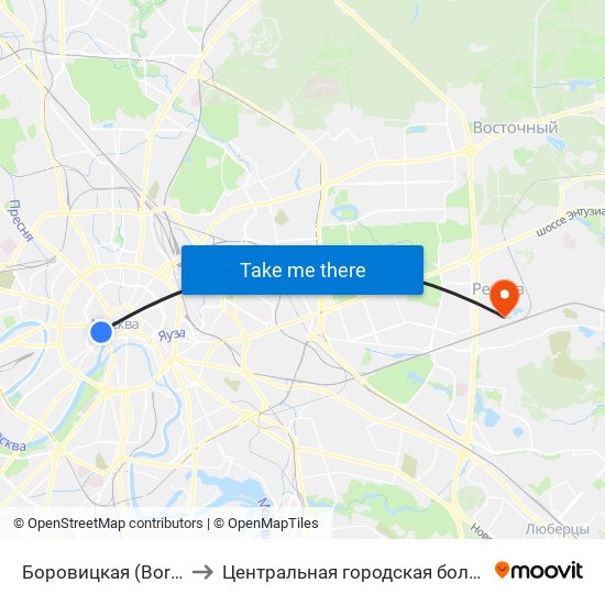 Боровицкая (Borovitskaya) to Центральная городская больница г. Реутов map