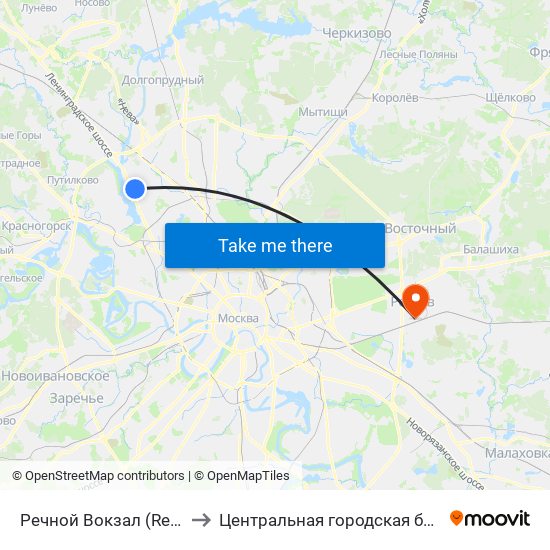 Речной Вокзал (Rechnoy Vokzal) to Центральная городская больница г. Реутов map