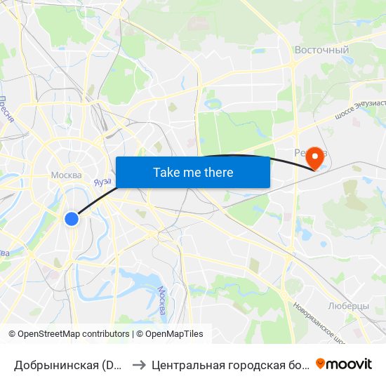 Добрынинская (Dobryninskaya) to Центральная городская больница г. Реутов map