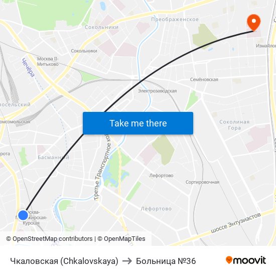 Чкаловская (Chkalovskaya) to Больница №36 map