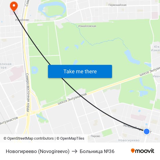 Новогиреево (Novogireevo) to Больница №36 map