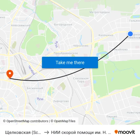 Щелковская (Schelkovskaya) to НИИ скорой помощи им. Н. В. Склифосовского map