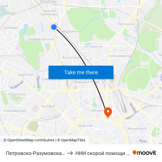 Петровско-Разумовская (Petrovsko-Razumovskaya) to НИИ скорой помощи им. Н. В. Склифосовского map