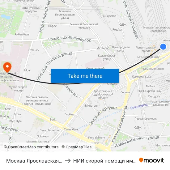 Москва Ярославская (Yaroslavsky Station) to НИИ скорой помощи им. Н. В. Склифосовского map