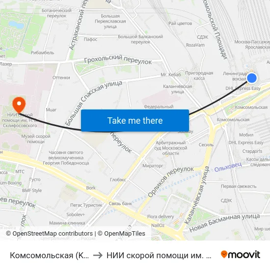 Комсомольская (Komsomolskaya) to НИИ скорой помощи им. Н. В. Склифосовского map